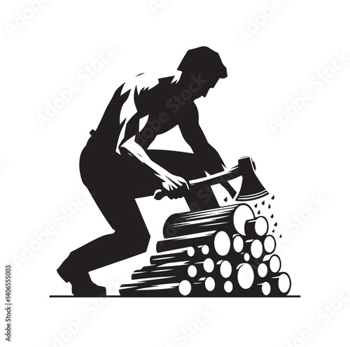 Man is chopping wood silhouette vector illustration