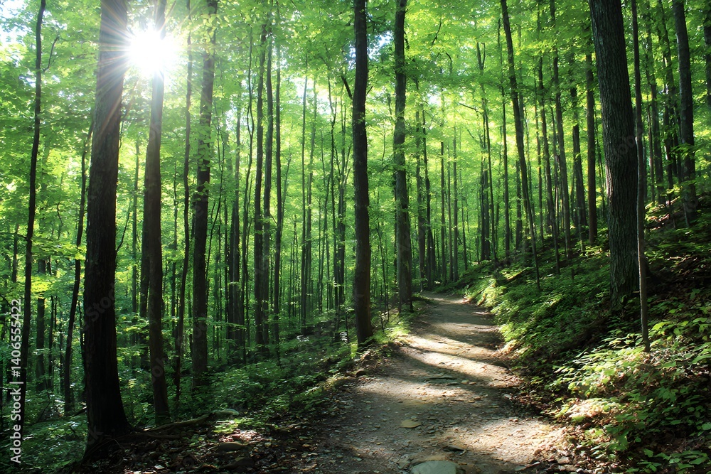 Obraz premium Sun-dappled forest trail through dense deciduous