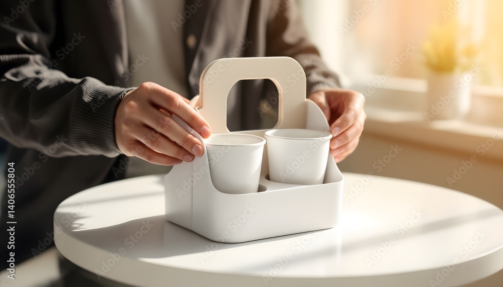 Fototapeta premium Person Arranging Two Paper Cups in a Modern White Carrier