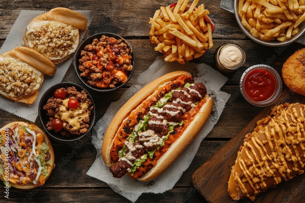 Assorted fast food on a rustic wooden surface Assorted fast food on a rustic wooden surface