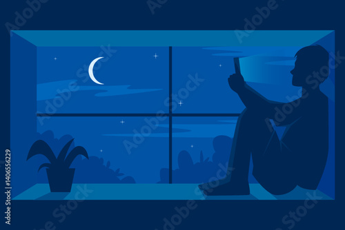 Addiction Illustration. Vector illustration of A young man sits alone in the dark, illuminated by a glowing phone screen, showing the loneliness and habit of scrolling late at night.