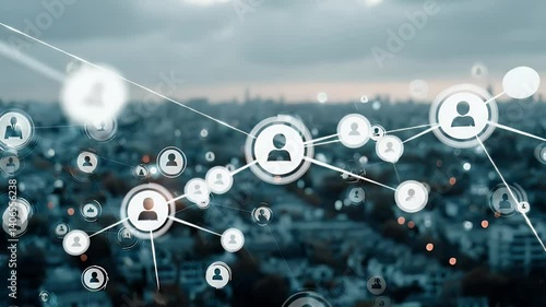 Wallpaper Mural Network of people icons connected against a blurred cityscape and cloudy sky in a modern tech illustration Torontodigital.ca