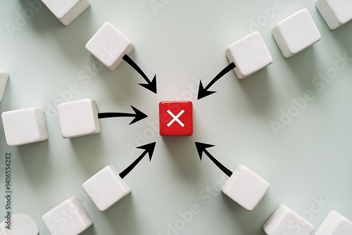 A Central Red Cube Marked with an 'X' Surrounded by White Cubes and Arrows