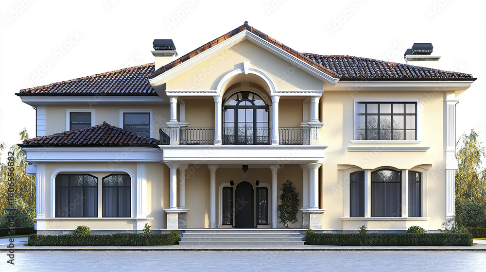 Elegant two story house with large windows and tiled roof Elegant two story house with large windows and tiled roof