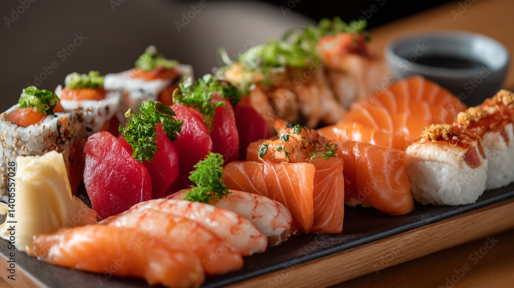 Delicious sushi platter with salmon tuna and shrimp for restaurant menu and food photography ideas Delicious sushi platter with salmon tuna and shrimp for restaurant menu and food photography ideas