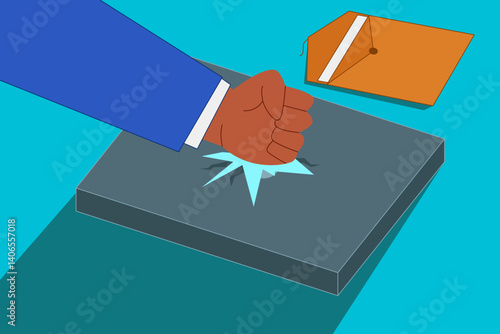 Angry fist smashing a surface next to a fallen envelope, symbolizing frustration, anger at injustice, or rejection of system control.