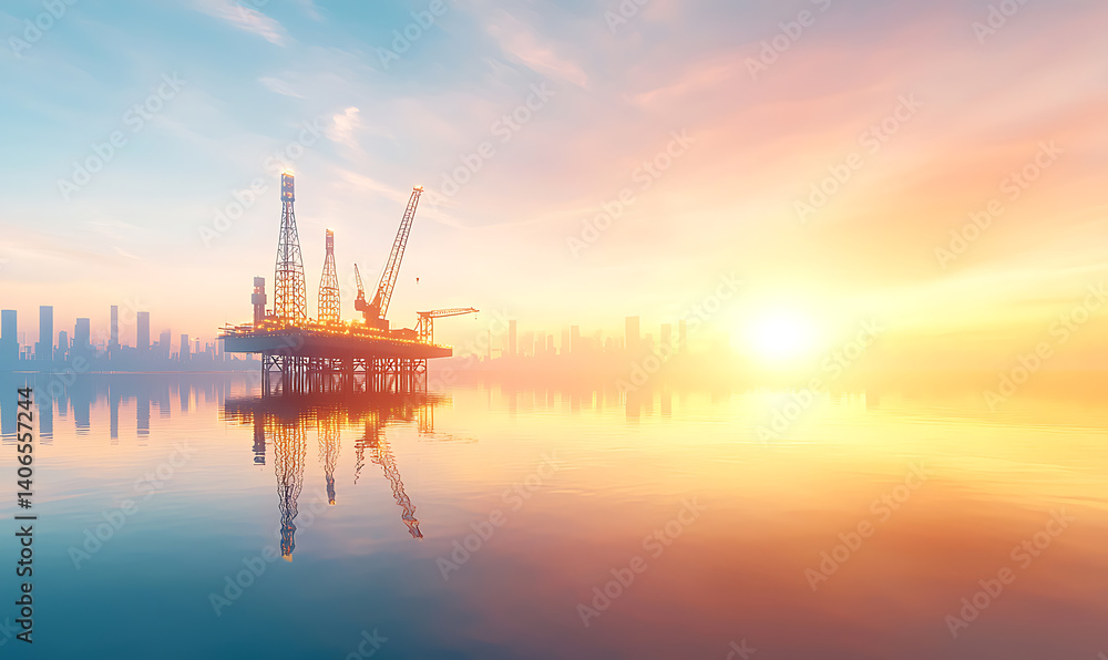 Obraz premium Offshore oil rig sunset urban skyline reflection photographic capture calm waters wide angle energy industry