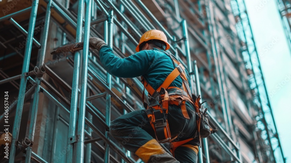 Fototapeta premium Construction worker assembling steel beams at a construction site. Featuring structural work