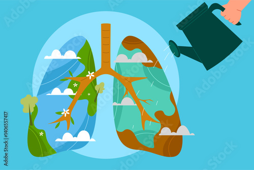 A hand waters a lung-shaped Earth landscape, representing how environmental care helps regenerate the planet’s natural “lungs.”