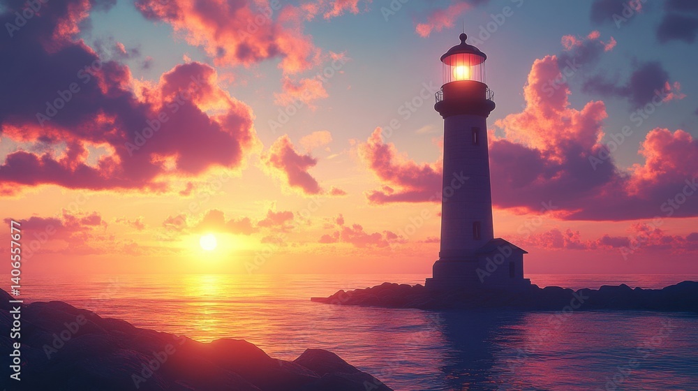 A serene lighthouse stands by the sea during sunset, casting a warm glow over the water and clouds, creating a picturesque and tranquil scene. A serene lighthouse stands by the sea during sunset, casting a warm glow over the water and clouds, creating a picturesque and tranquil scene.