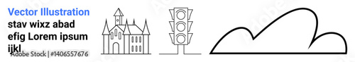 Black outlined castle with towers, a traffic light with three lights, and a simple cloud shape. Ideal for urban planning, tourism, minimalism, simplicity, signs, education simple landing page