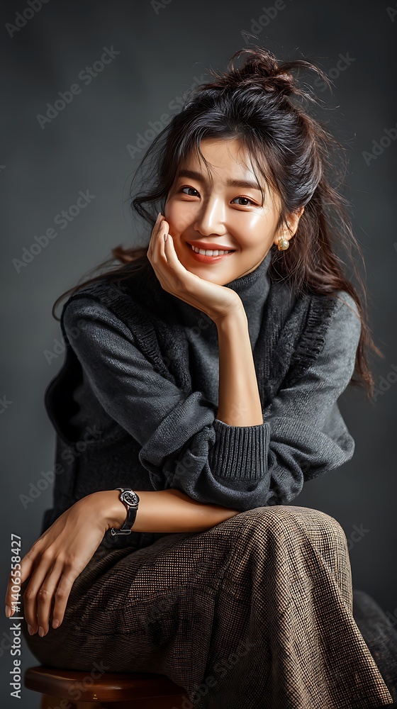 Fototapeta premium Korean woman beauty portrait fashion photoshoot in studio elegant model with natural makeup smiling face in soft lighting