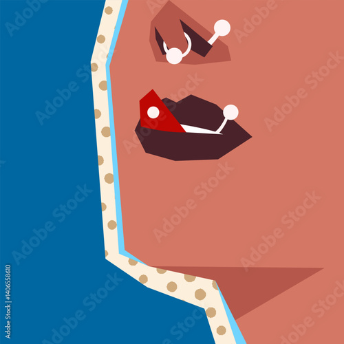 Close-up modern illustration of facial piercings and punk makeup on abstract geometric face, emphasizing bold self-expression and body modification.