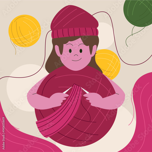 A smiling girl enjoys a peaceful moment knitting with colorful yarn balls, embracing a tech-free creative hobby and handmade craft tradition.