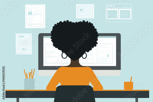 African woman with afro hairstyle sitting at a desk in UX UI brainstorming session flat design vector illustration