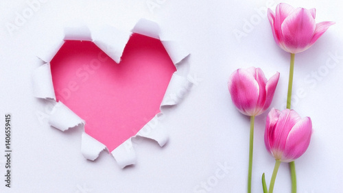 Heart shape pink hole torn on white paper.