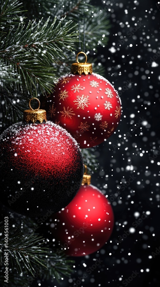 Obraz premium Christmas ornaments hang from an evergreen branch amidst softly falling snow, creating a festive ambiance