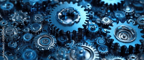 Wallpaper Mural Blue-toned gears interlock, creating intricate metallic patterns, precision shapes, and complex arrangements Torontodigital.ca