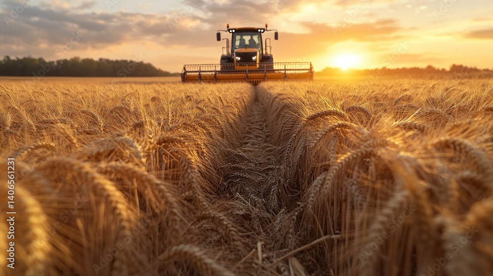 Fototapeta premium Golden wheat field harvest at sunset