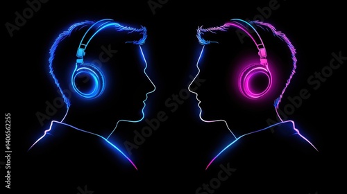 Dynamic music interaction between two stylized figures digital art neon environment side profile view conceptual design