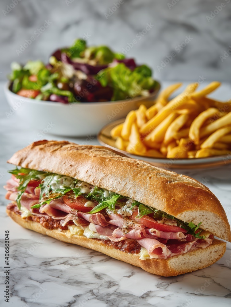 Captivating view of Fresh Italian Sub Sandwich with Fries and Salad on Marble Table Tasty Food Photo Captivating view of Fresh Italian Sub Sandwich with Fries and Salad on Marble Table Tasty Food Photo