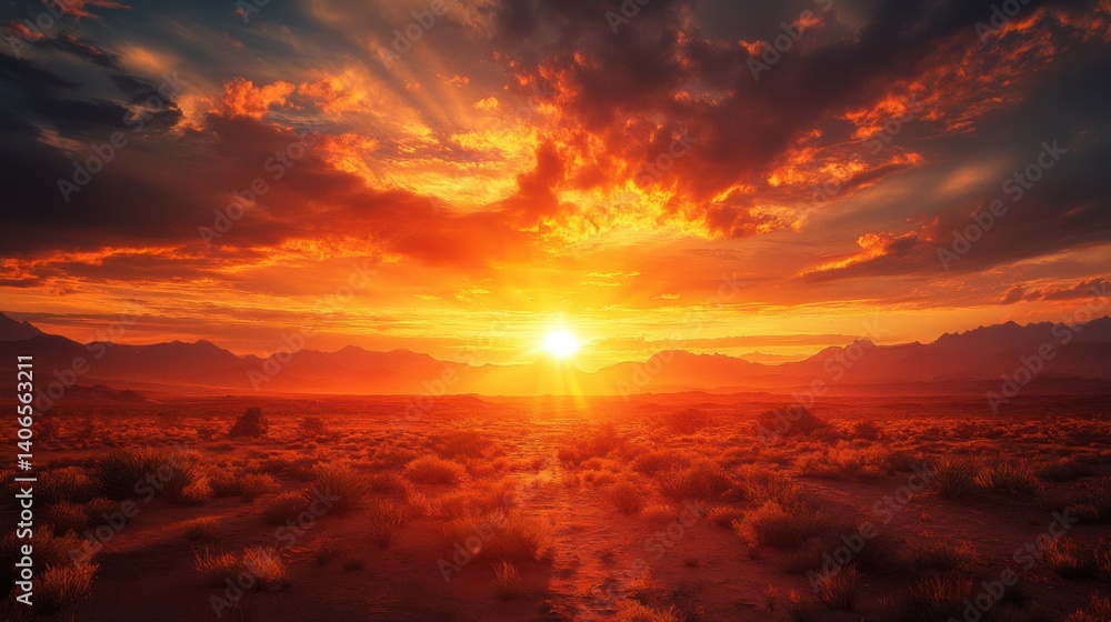 Fototapeta premium A breathtaking sunset over a vast desert landscape, with vibrant colors illuminating the sky and silhouetting distant mountains.