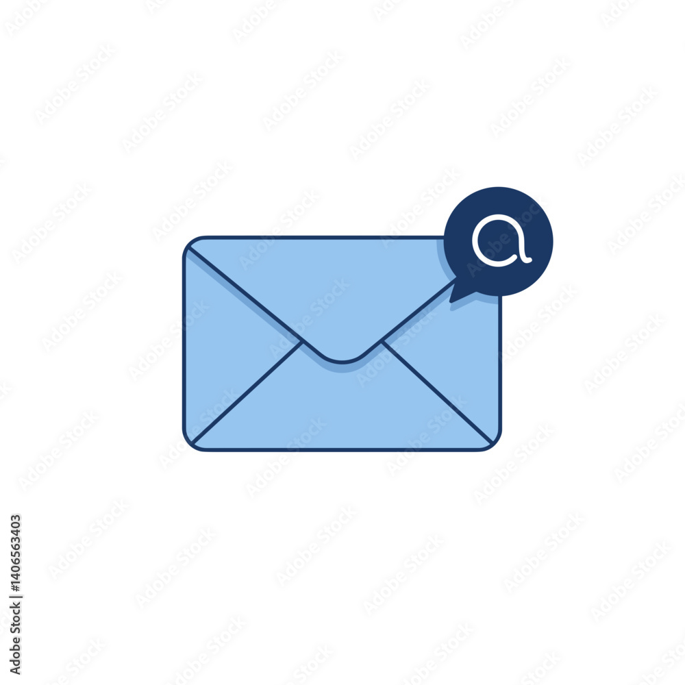 Blue envelope icon with search notification on a white background  