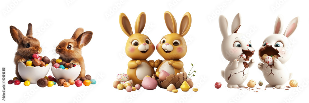 Obraz premium Set of Horizontal Easter-themed composition with two smiling cartoon rabbits sitting on either side on transparent png background. Ai generated
