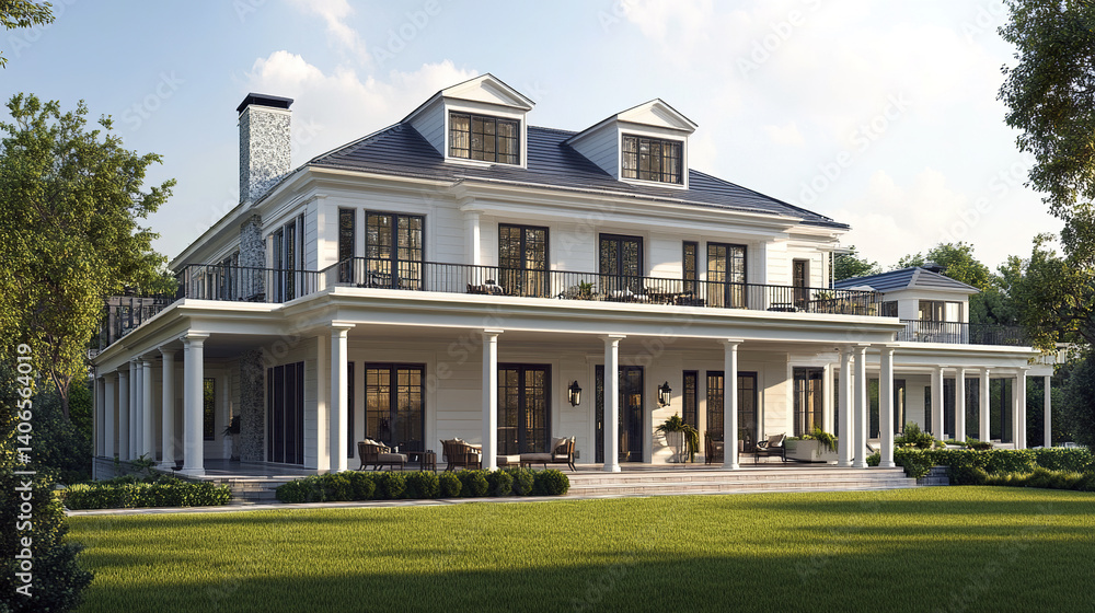 Fototapeta premium Elegant two story house with large porch and lush garden