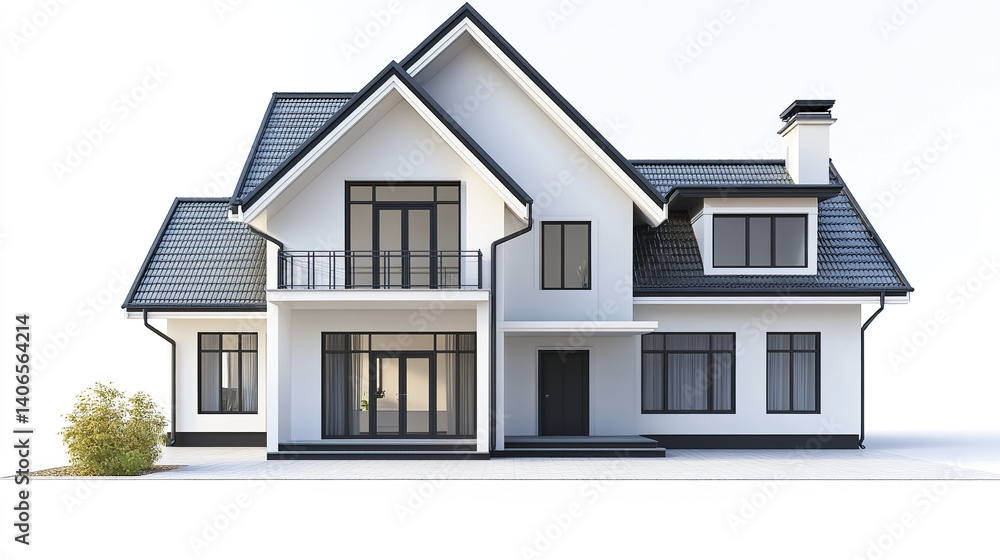 Modern two story house with large windows and gable roof Modern two story house with large windows and gable roof