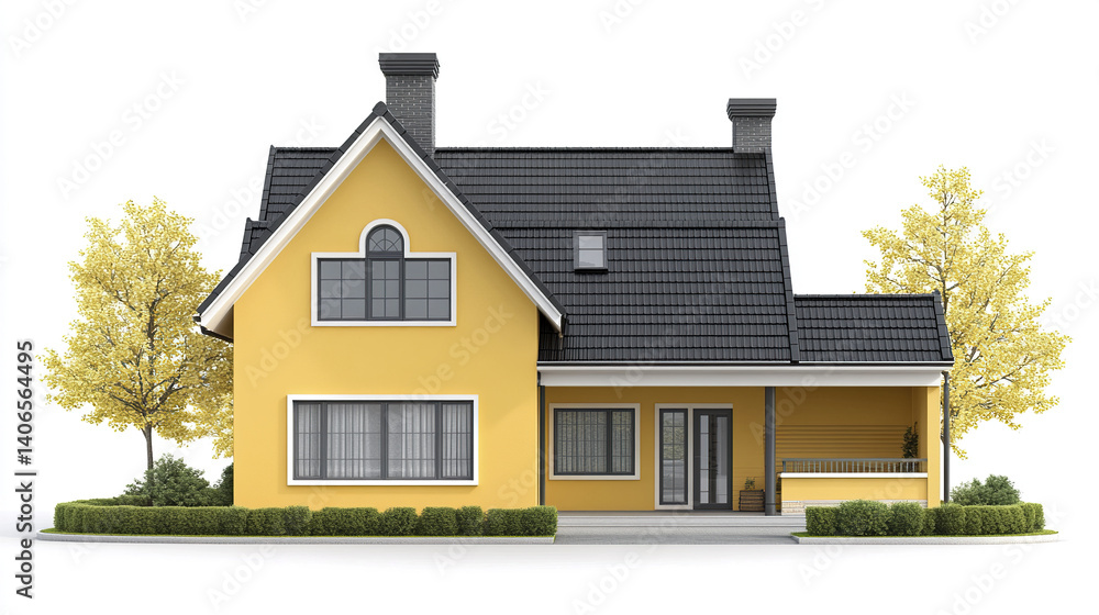 Yellow house with black roof and trees, showcasing cozy residential design Yellow house with black roof and trees, showcasing cozy residential design