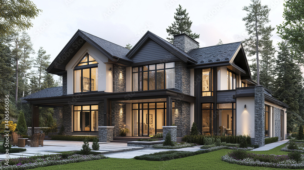 Modern house with large windows and stone accents surrounded by trees Modern house with large windows and stone accents surrounded by trees