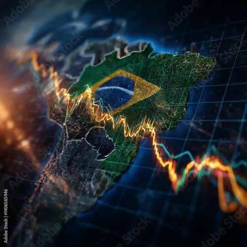 Brazil flag with stock market finance, economy trend graph digital technology.
