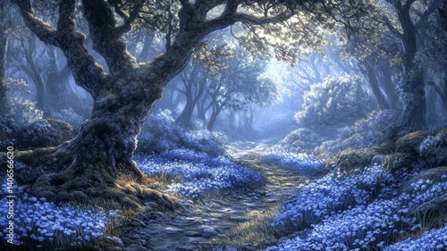 Enchanted Bluebell Forest Path at Dawn