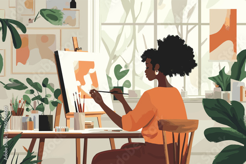 African woman working on DIY art project at home, painting on canvas in cozy room vector illustration
