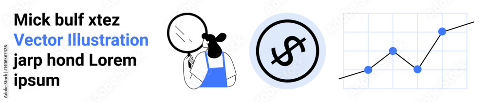 Character examining trends with magnifying glass, dollar sign symbol, and line graph. Ideal for finance, analytics, business, investment, economy, planning simple landing page Character examining trends with magnifying glass, dollar sign symbol, and line graph. Ideal for finance, analytics, business, investment, economy, planning simple landing page