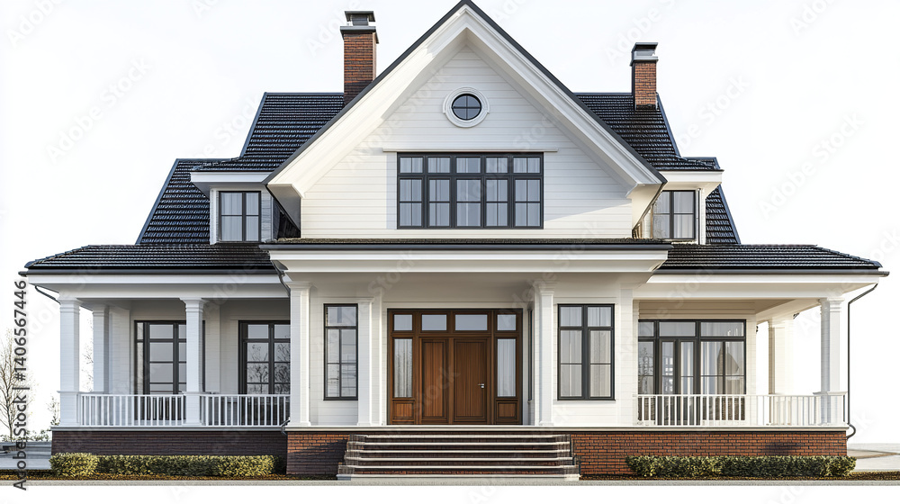 Elegant white house with porch and large windows, exuding classic charm Elegant white house with porch and large windows, exuding classic charm