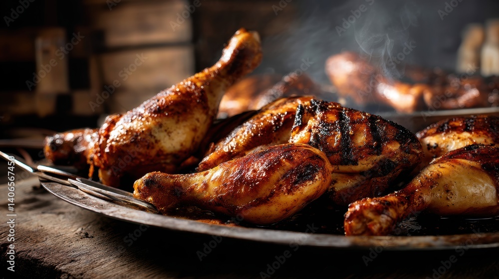 Rustic Grilled Chicken Platter Presentation with Sizzling Smoke Delicious BBQ Meat with Warm Light Rustic Grilled Chicken Platter Presentation with Sizzling Smoke Delicious BBQ Meat with Warm Light