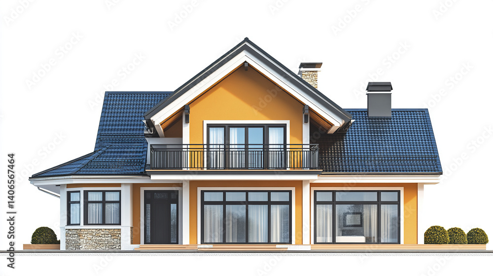 Modern house with blue roof and large windows, featuring balcony Modern house with blue roof and large windows, featuring balcony