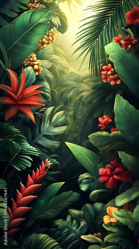 Obraz premium Lush Tropical Jungle Wallpaper Stunning 4K Mobile Wallpaper for Vibrant Screens
