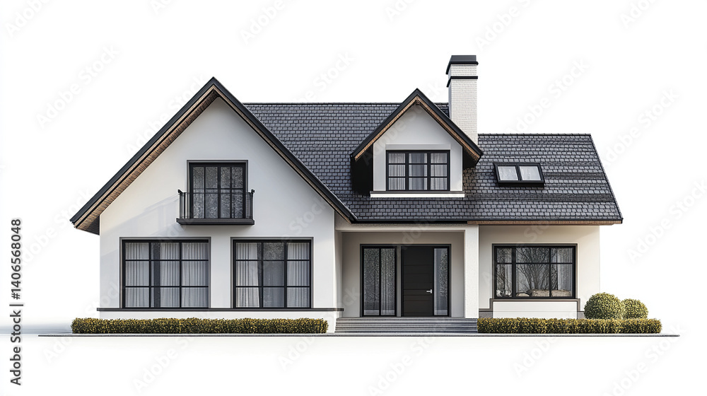 Modern house with gable roof and large windows, surrounded by shrubs Modern house with gable roof and large windows, surrounded by shrubs
