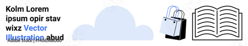 Shopping bags representing e-commerce, open book symbolizing knowledge, and cloud for digital connectivity. Ideal for learning, online bookstore, education, e-commerce, cloud services, retail flat