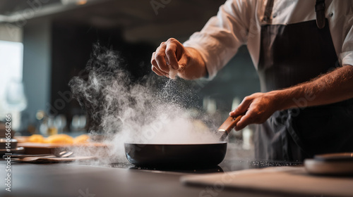 Professional chef cooking in a pan adding salt seasoning food preparation culinary arts restaurant cuisine