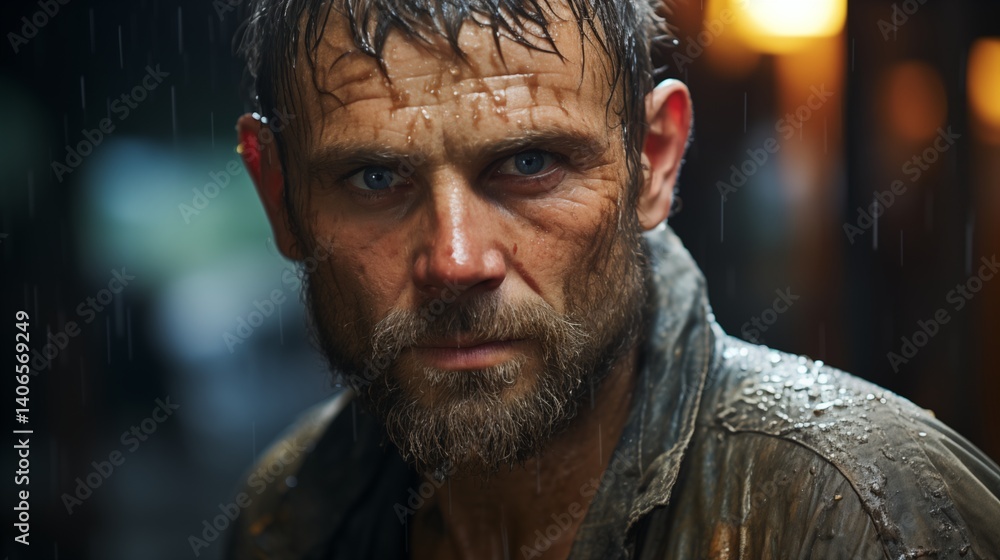 Fototapeta premium A factory worker covered in sweat and dust, taking a break and staring into the distance with tired eyes,generative ai illustration