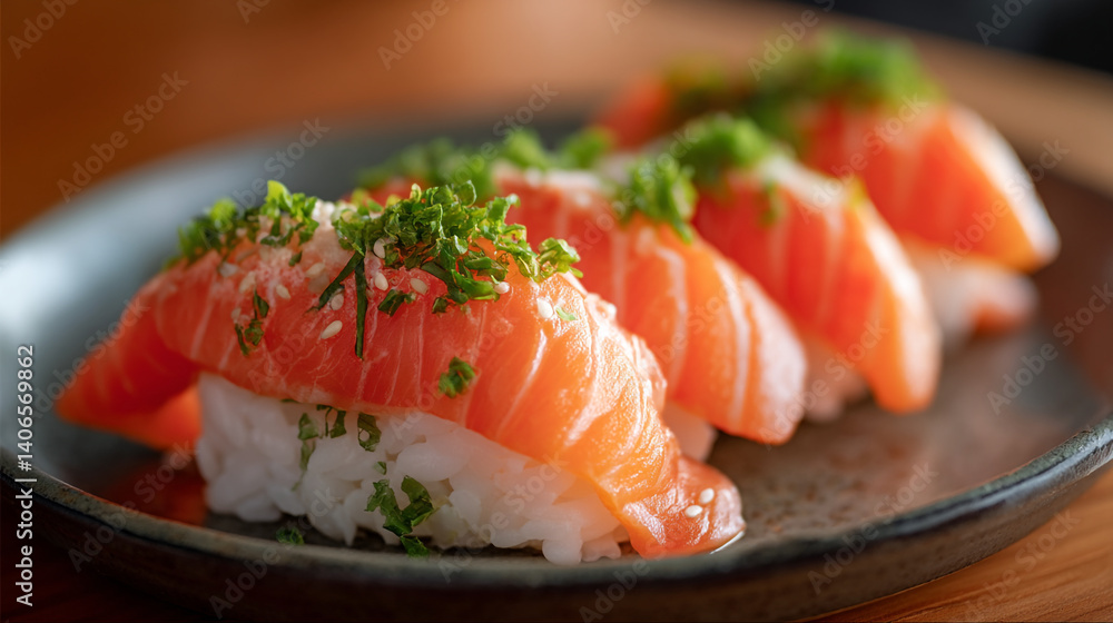 Delicious salmon nigiri sushi close up on plate japanese food gourmet seafood cuisine restaurant delicacy Delicious salmon nigiri sushi close up on plate japanese food gourmet seafood cuisine restaurant delicacy