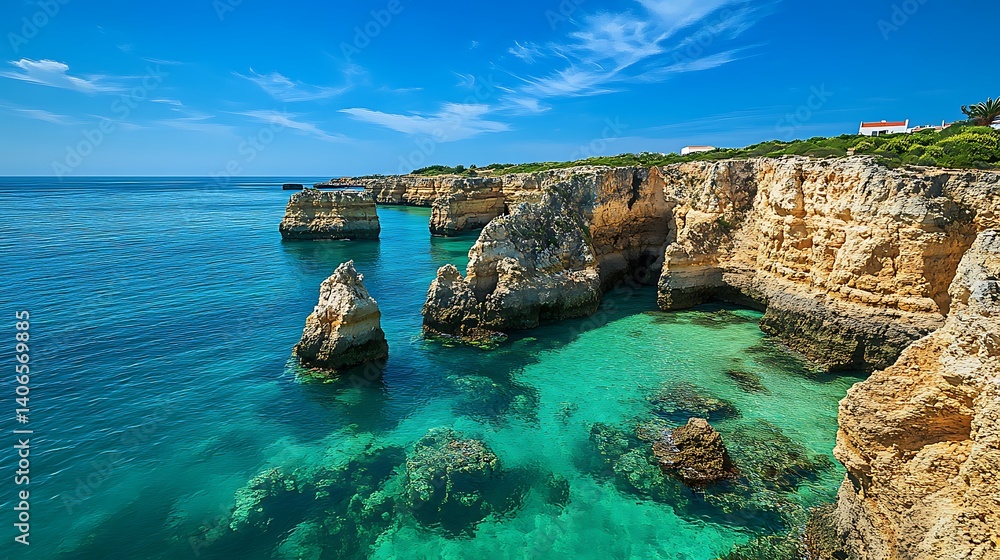 Obraz premium Scenic Algarve coastline with turquoise sea, limestone cliffs, and rock formations under a clear blue sky in Portugal 