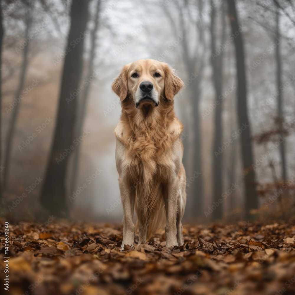Golden Retriever standing proudly in a foggy autumn forest, fallen leaves around, mysterious atmosphere, ultra-realistic, UHD 8K Golden Retriever standing proudly in a foggy autumn forest, fallen leaves around, mysterious atmosphere, ultra-realistic, UHD 8K