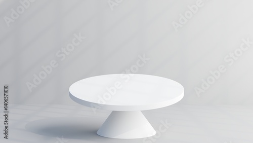 Minimal white podium room with sunlight shadow on wall and floor. Empty studio background for product display, cosmetic, beauty or fashion showcase.