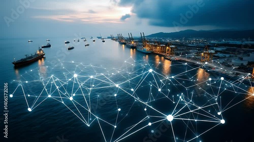 Ocean port at dusk with glowing network overlay. Calm waters, ships, and cranes visible under an overcast sky