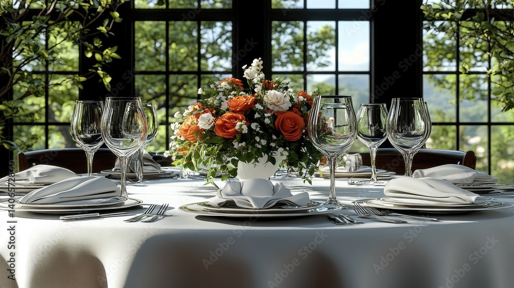 Fototapeta premium An elegantly set table with flowers, dishes, and wine glasses, with nature in background